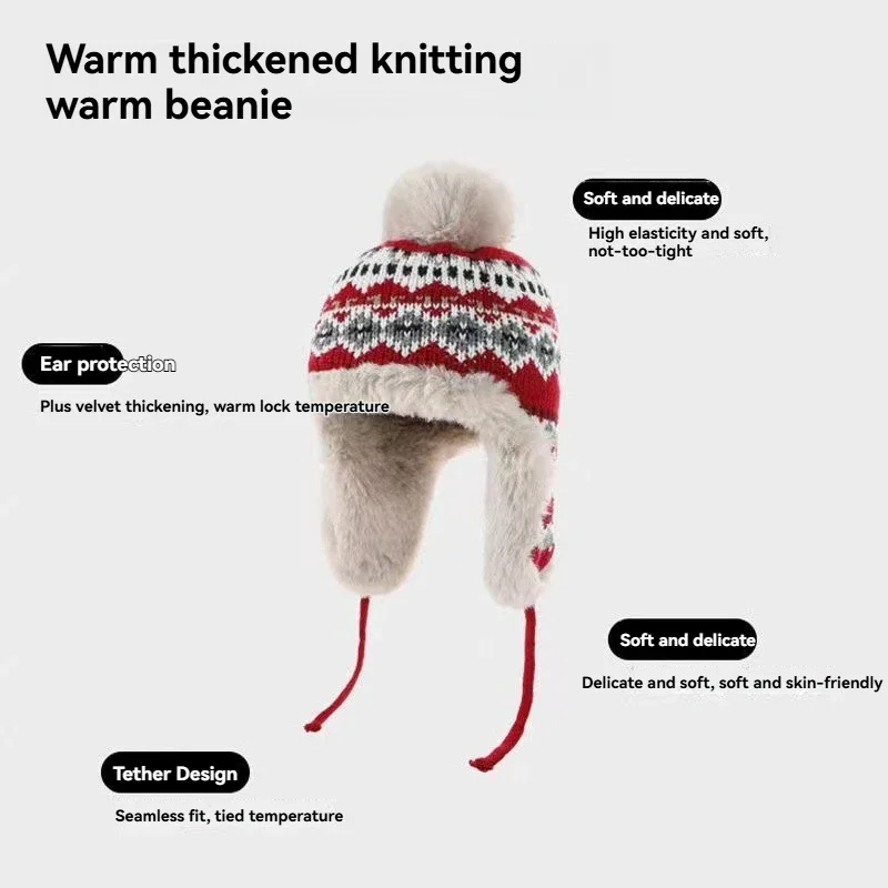 

Winter Thicken Plush Women Earmuffs Beanie Ethnic Jacquard Knitted Warm Hat Big Pompom Girl Windproof Outdoor Ear Protection Cap