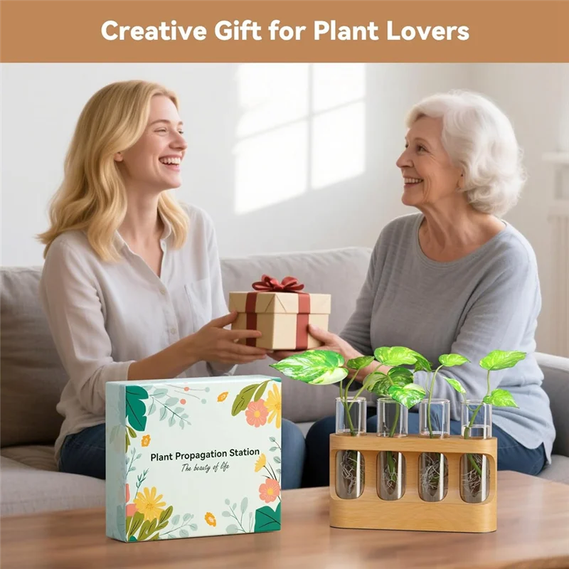 PHFU-4 Test Tube Vases Included Plant Propagation Station, 9-Speed Adjustable LED Lights, Plant Terrarium With Wooden Stand