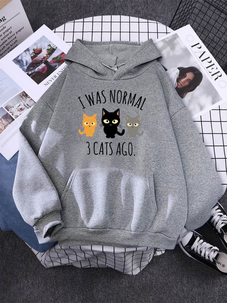 Tôi Là Bình Thường 3 Con Mèo Trước In Dạo Phố Nữ Phim Hoạt Hình Bông Tai Kẹp Áo Hoodie Quá Khổ Thời Trang Áo Thun Chui Đầu Rời Bỏ Túi Nữ Có Mũ Trùm Đầu