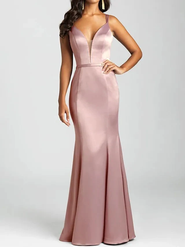 Long Mermaid Pink Evening Dress V Neck Spaghetti Sleeveless Elegant Floor Length Satin Prom Dress with Pleats for Women