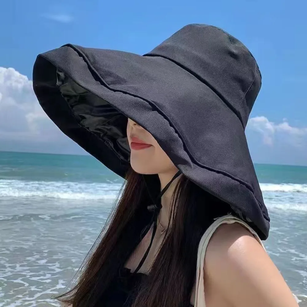 Outing Beach Hat Foldable Breathable Bucekt Hat Wide Brim Summer Fisherman Hat With Windproof Rope Anti-UV Sun Cap