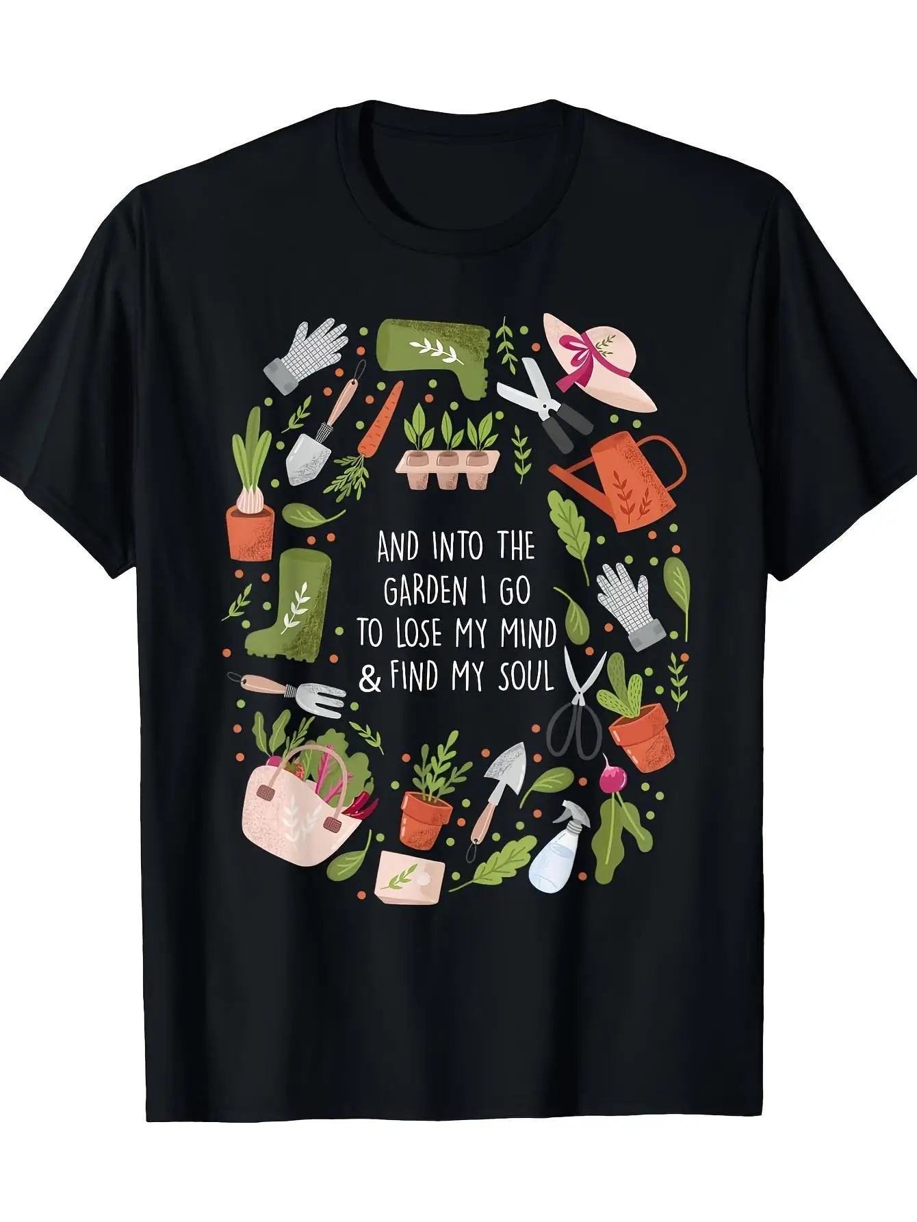 Mens & Womens Heavyweight 180gsm Cotton T-Shirt - Gardening Tools & Plants Graphic Tee with Inspirational Garden Quote - Black Shirt for Gardeners, Outdoor Enthusiasts - Casual Crew Neck Casual Attire, Gardener Gift, Natureinspired Print, Machine