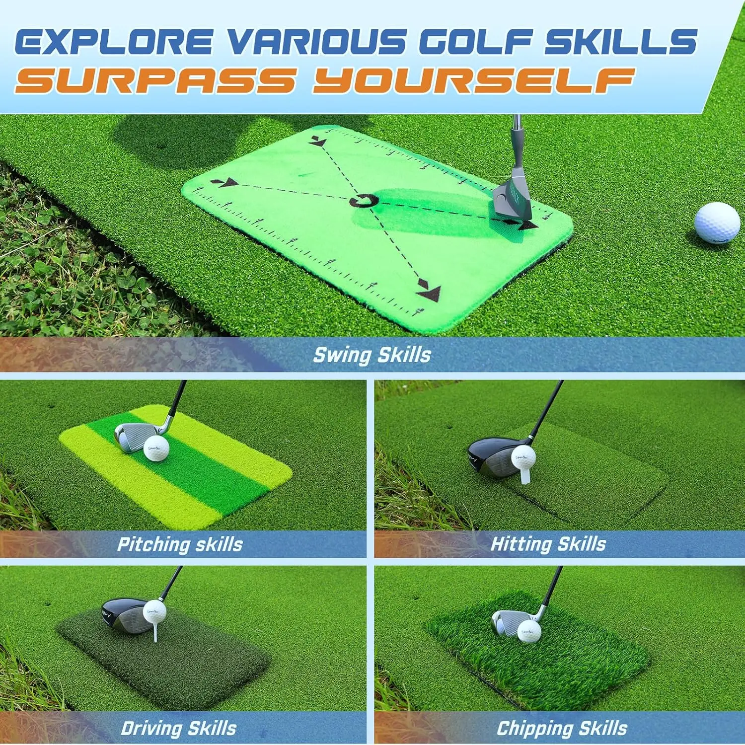 2026 Upgraded 6-Function Turf Golf Mat: 5x4ft Thickened Golf Hitting Mat Indoor  Outdoor Golf Practice Swing/Chipping/Driving Ma
