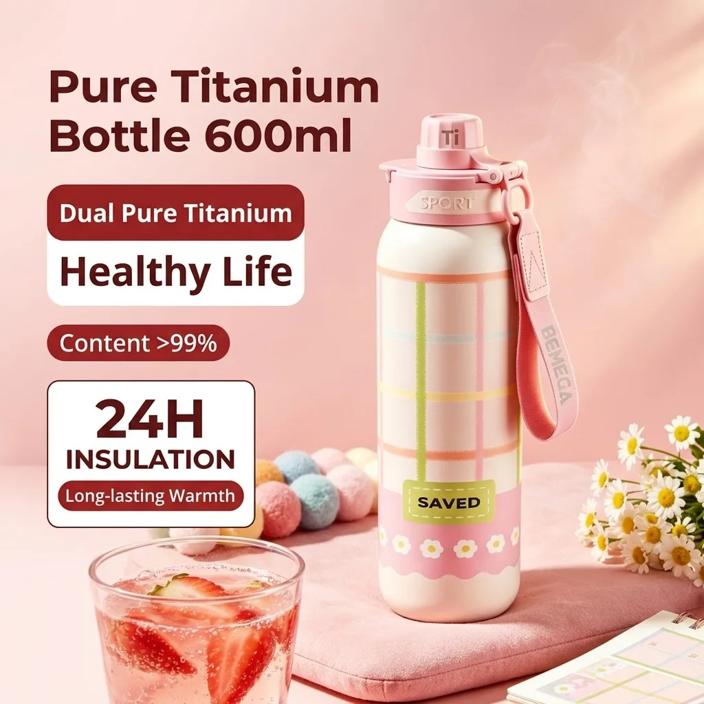 Titanium Water Bottle 600ml Insulated Thermos with Straw 3 in 1 Lid Leak Proof BPA Free for Sports Travel Gift