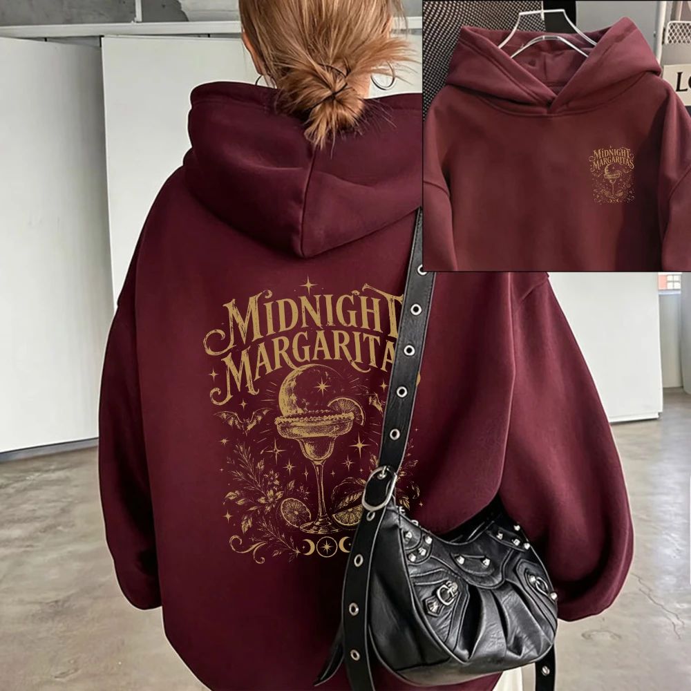 Midnight Margarita Hoodie Vintage Celestial Moon Star Moth Floral Cocktail Glass Pullover Sweatshirt Mystical Gothic Hooded Tops