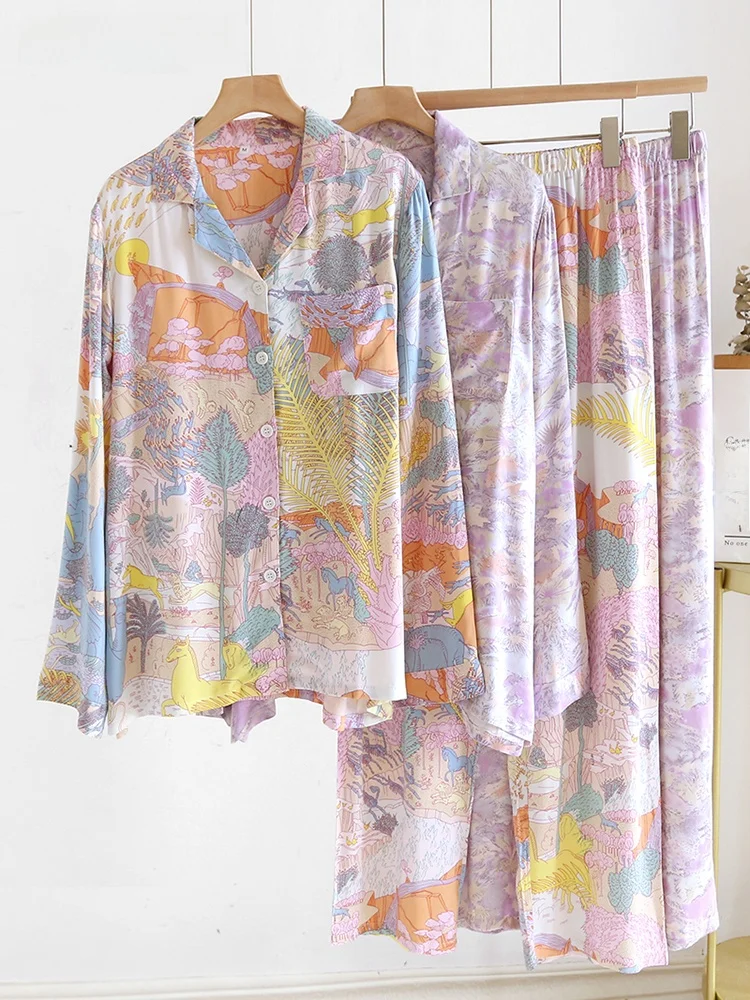 

Floral Print Cotton Silk Ice Fabric Thin Cardigan Sle Loose Home Clothes Set for Women Spring Summer Season Comfortable Sle...