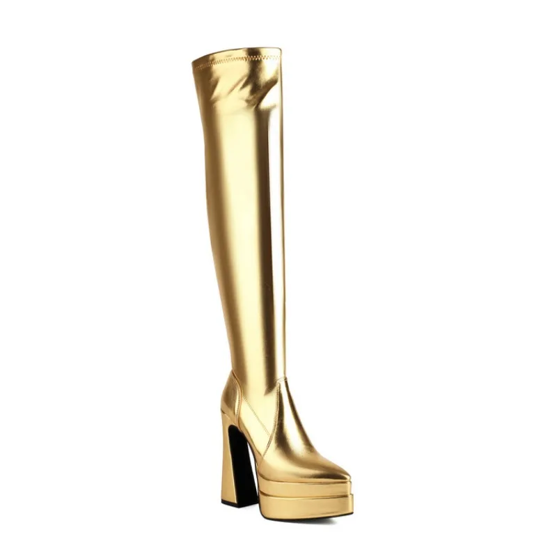 New Gold Silver 14.5cm High Heels Over Knee Boots Women Fashion Steel Tube Pointed Waterproof Platform Long Boots Rozmiary 34-43