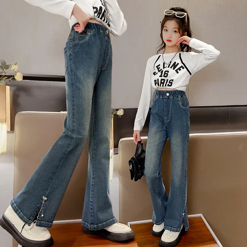 Fashion Flared Jeans for Girls Spring Autumn Children\'s Clothing Casual Skinny Denim Trousers Korean Style Teen Denim Pants