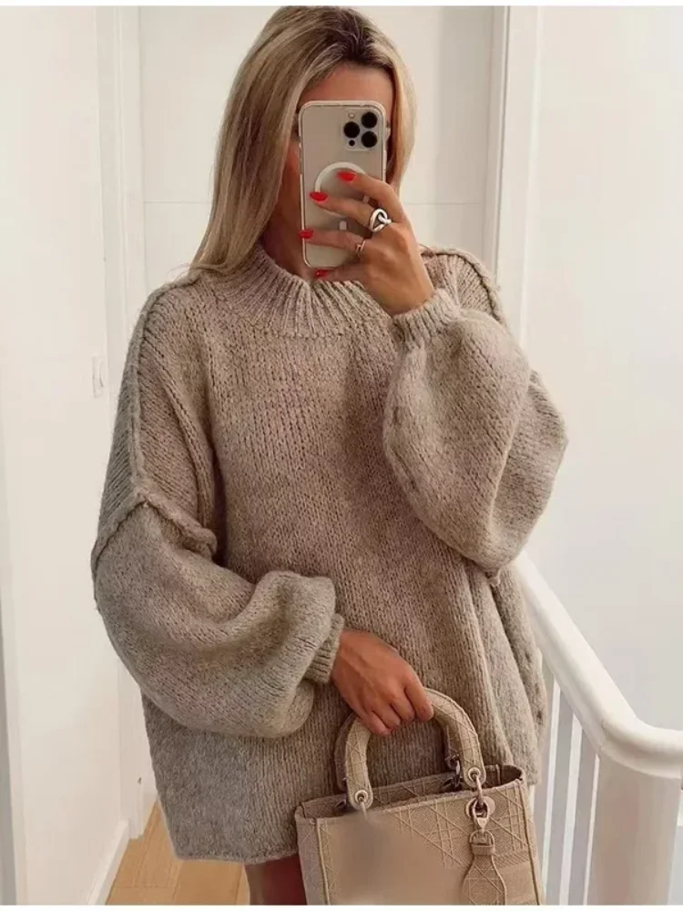 Casual Women Sweaters Oversized Warm Knitted Pullover Solid O-Neck Long Lantern Sleeve Sweater Lady Autumn Commuting Knitwear