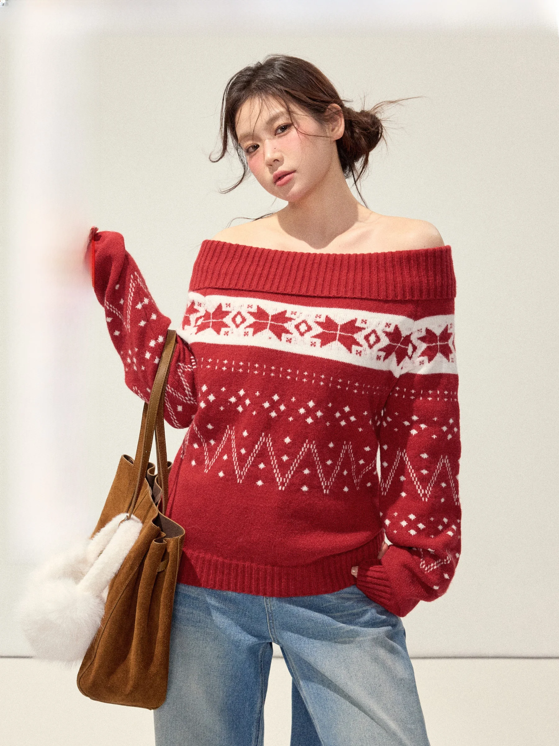 

Jiulu Studio Nordic Color Dot plus Size Red Cisas Aosphere oulder Sweater Knitted Casual Loose Fit Long Sve One ...