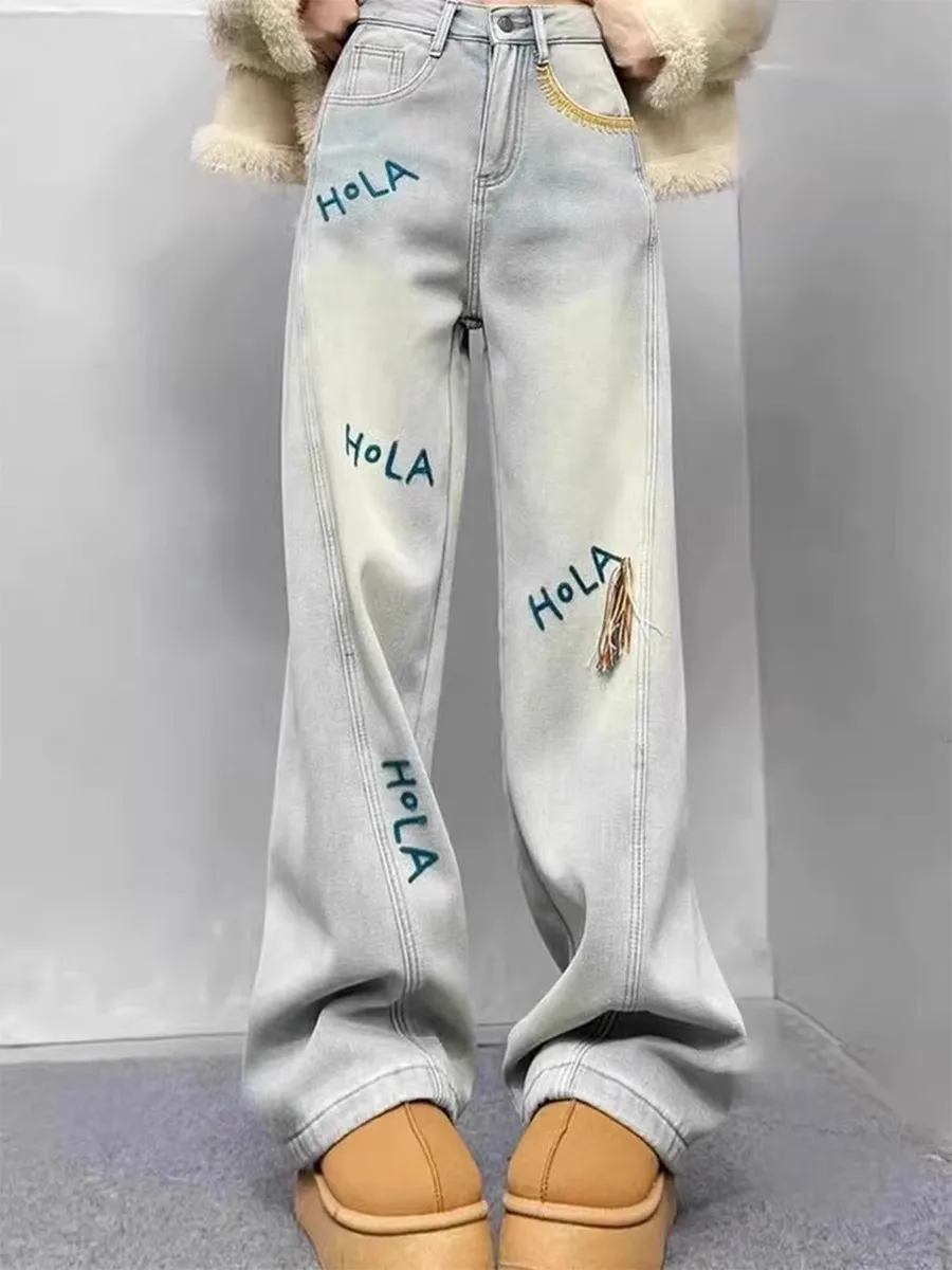 

Embroidered Straight Leg Jeans Women's Spring Autumn plus Size Loose Wide Leg Long Pants High Waist Slimming Casual Denim