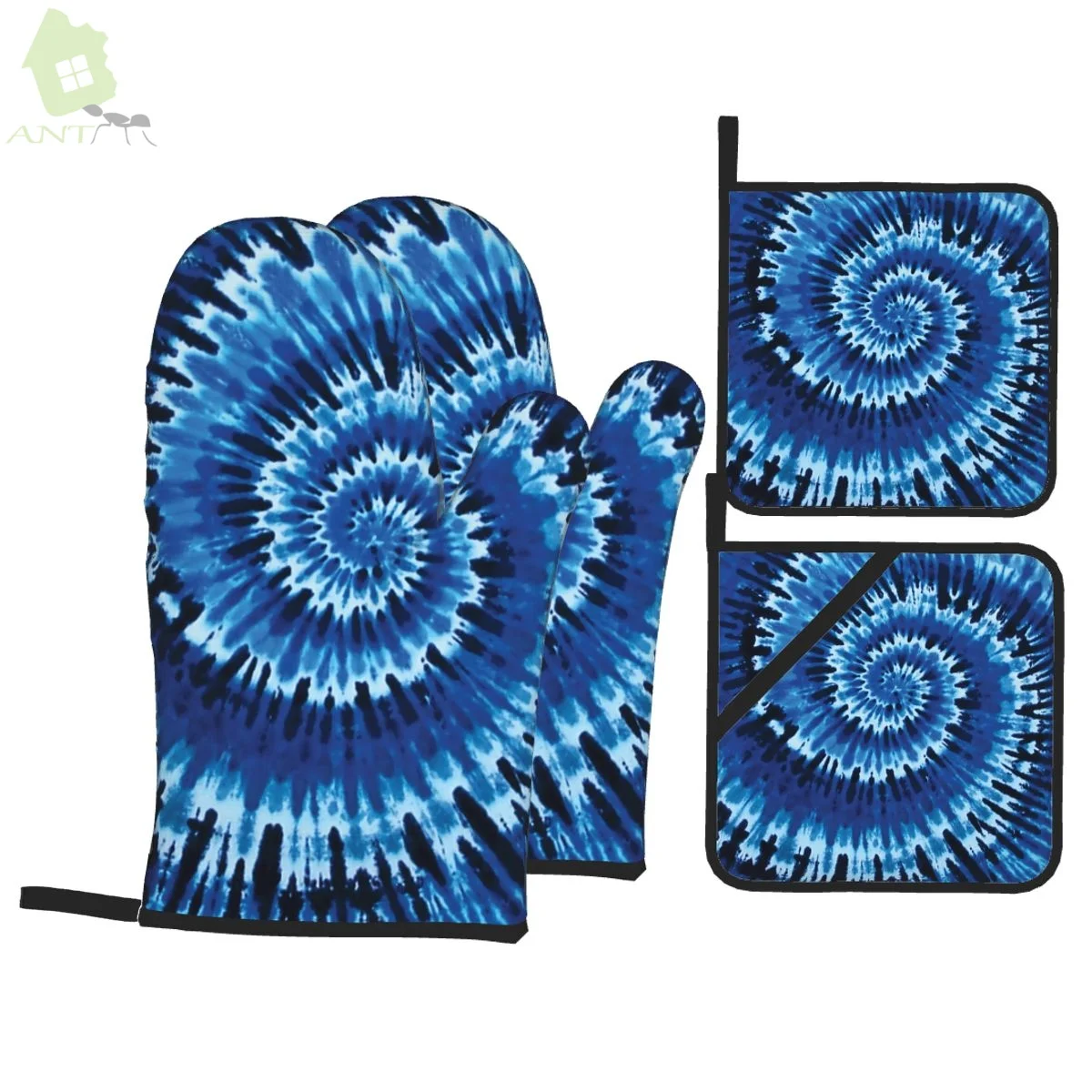 

Blue Tie Dye Oven Mitts and Pot Holders Sets of 4 High Heat Resistant Oven Mitts with Oven Gloves and Hot Pads