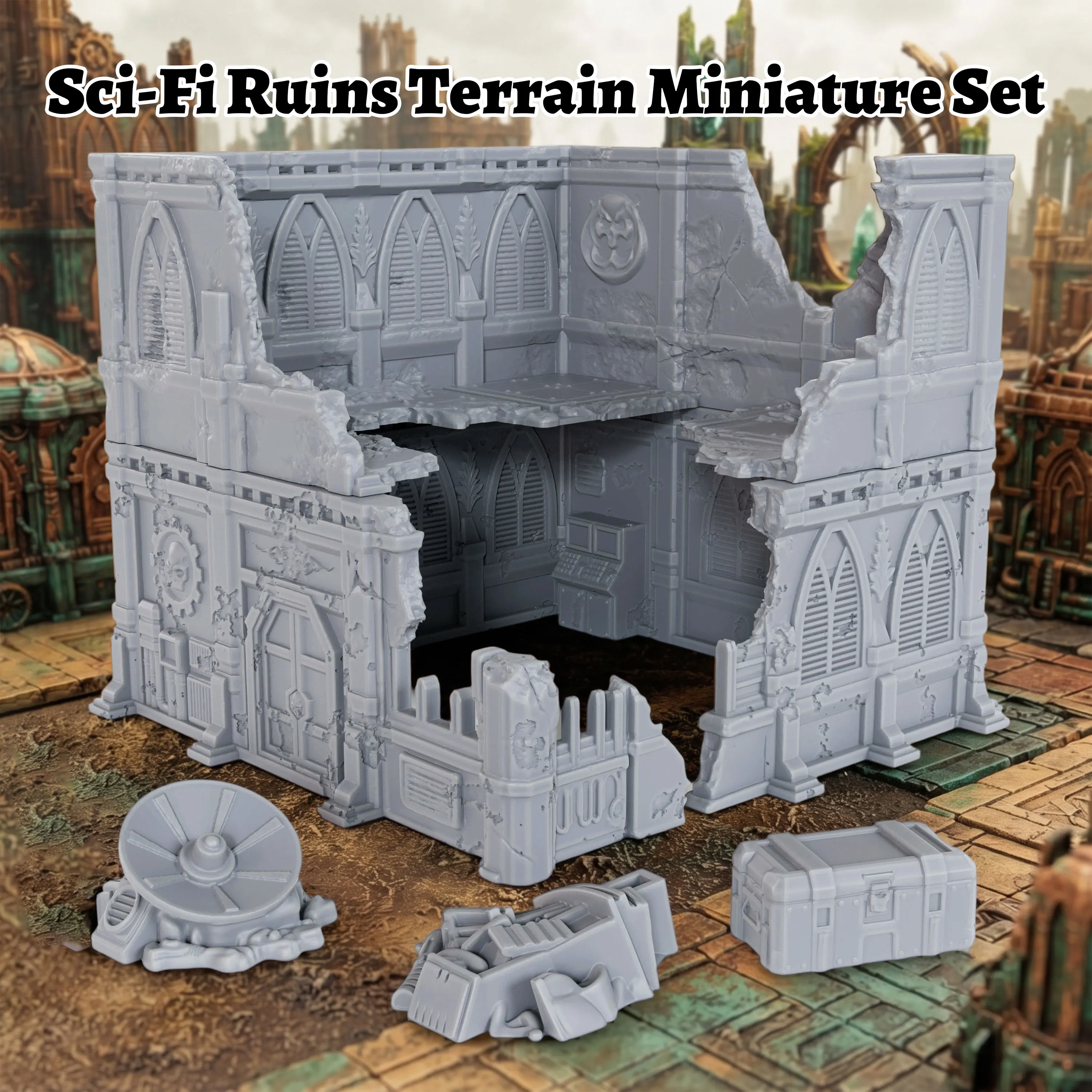 Sci-Fi Ruins Terrain Miniature Set, 28mm 1:56 Scale, Detailed TTRPG Building for Tabletop Games and Futuristic Dioramas