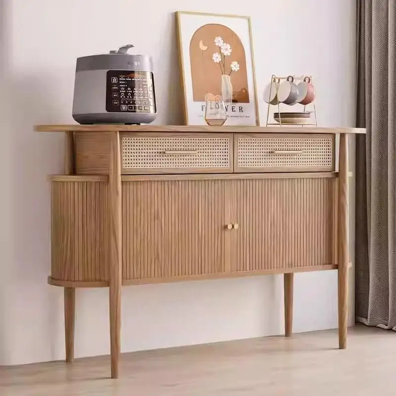 Medieval style entrance cabinet, ash wood solid wood, Nordic modern simple foyer rattan dining side locker, wabi sari low cabine