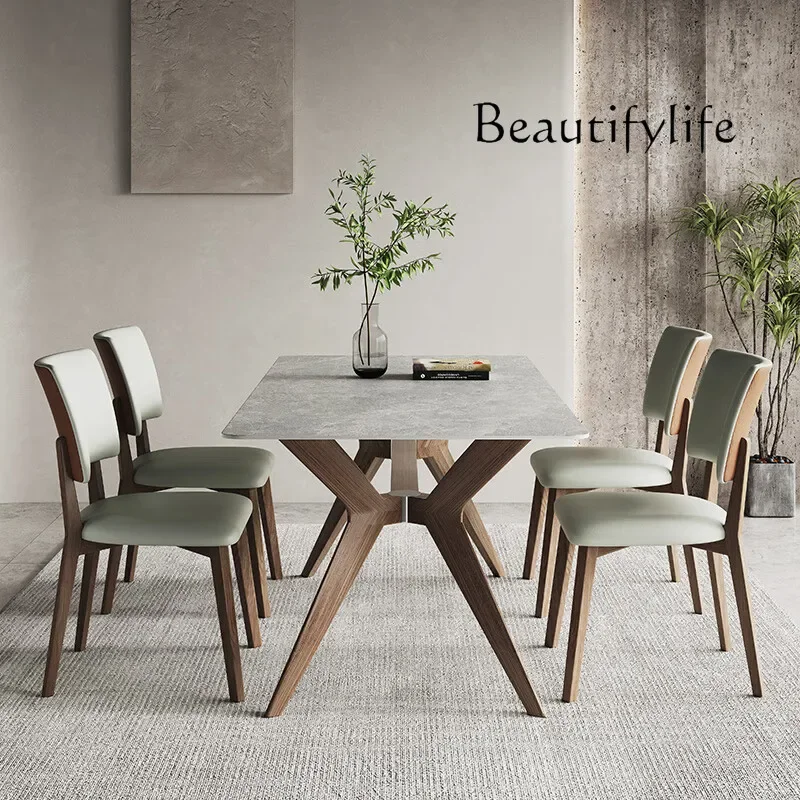 X35 Gray Rock Slab Dining Table Minimalist Light Luxury Solid Wood Rectangular Household Small Apartment Dining Table