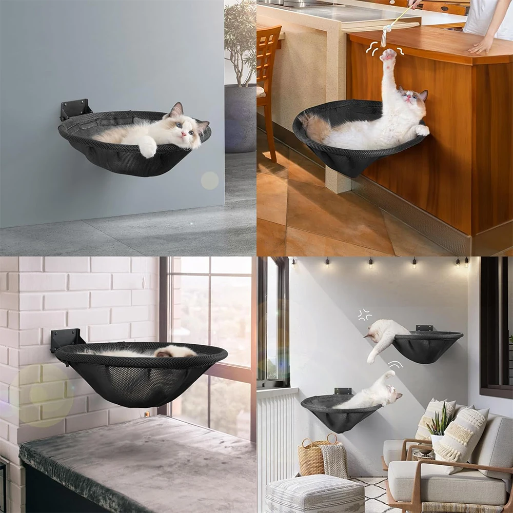 Wall Type Round Cat Hammock Black Mesh Is Breathable And Comfortable White Plush Soft And Durable Kittens Rest And Save Space