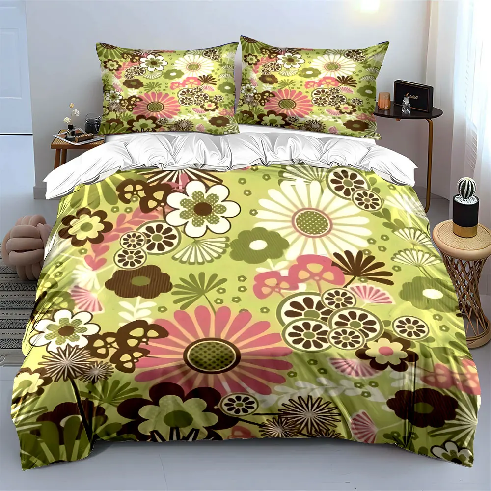3Pcs Boho Retro Bedding Set, 70s Inspired Geometric Floral Pattern Print Duvet Cover, Whimsical Bedroom Decor