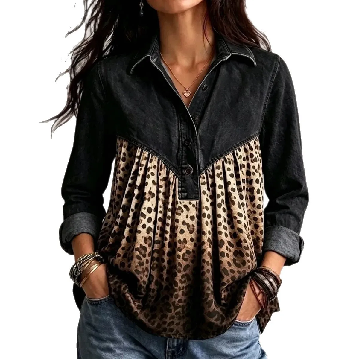 Patchwork Casual Top Regular Length Commuter Chic with Slight Stretch Pullover 3D Pattern Leopard Print Autumn Women Blouse