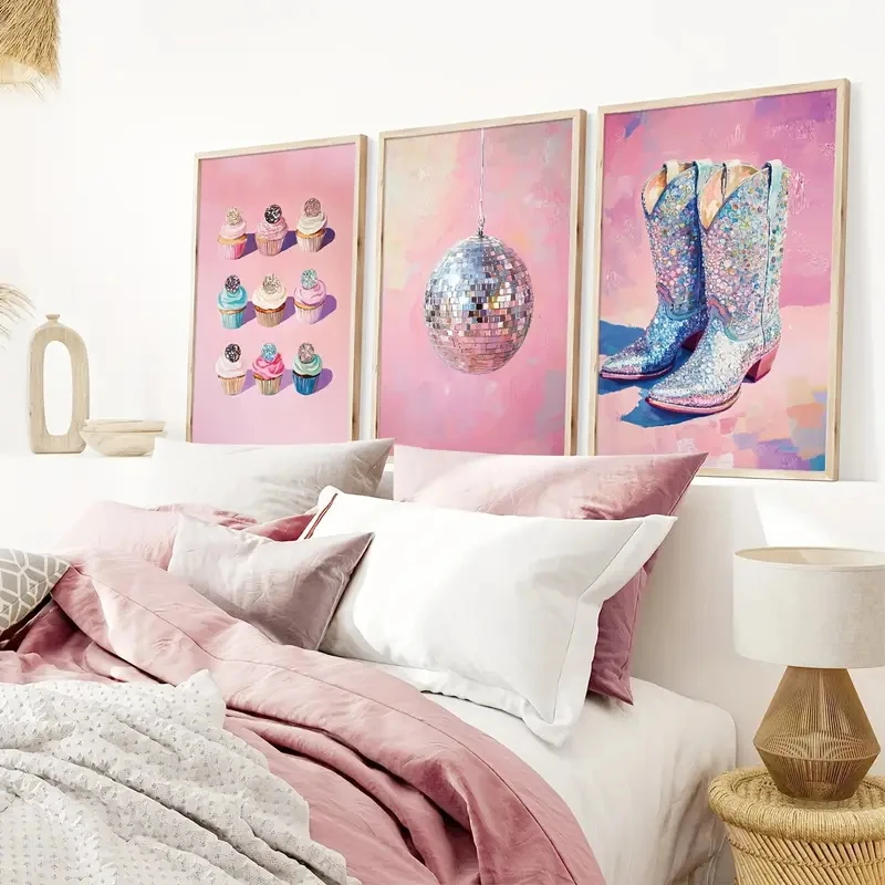3pcs/Set Abstract Pink Disco Ball Boots Cupcakes Fashionable Wall, Artistic Mirror Balls, Canvas Posters, Modern Home Decoration - view 2