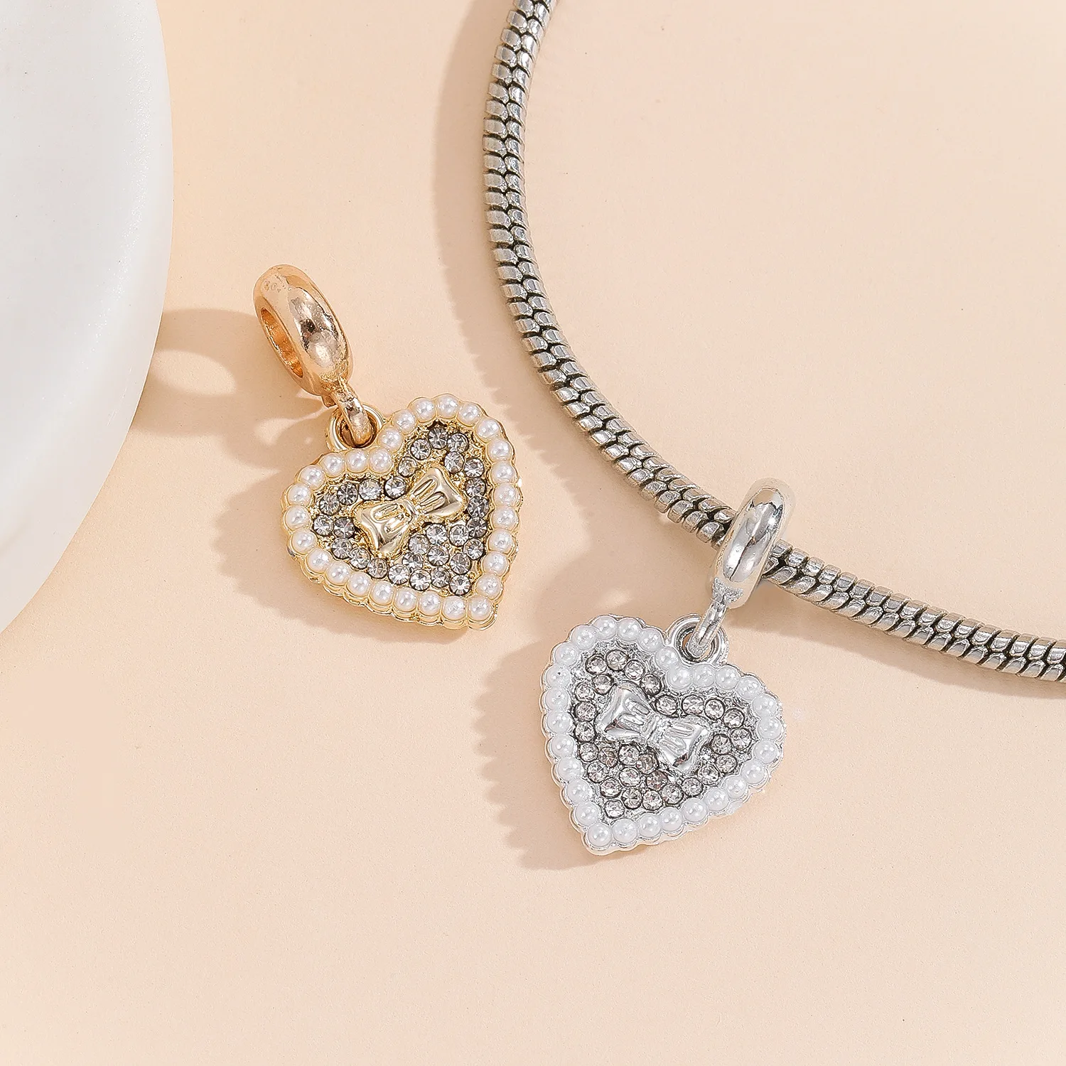 New DIY bow bracelet, heart-shaped pendant, full-diamond pearl accessories, stringing beads, beaded jewelry pendant, material