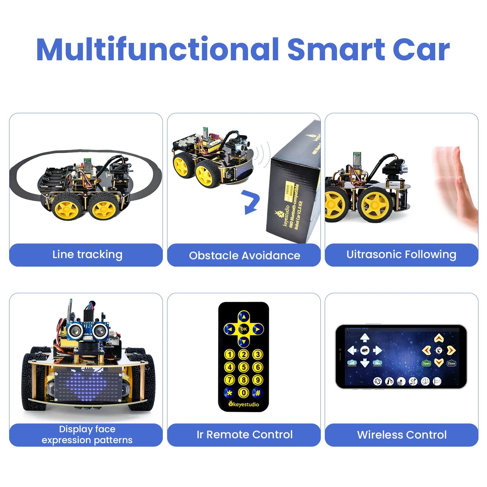 Keyestudio 4WD Multi BT Smart Car for Arduino Kit Robot Upgraded V2.0 W/LED Display Stem EDU /Programming DIY Robot Car