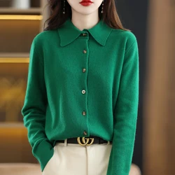 Fashion Spring And Autumn POLO Collar Pure Wool Knitted Cardigan Solid Color Long Sleeve Temperament Lapel Pure Wool Jacket-D020