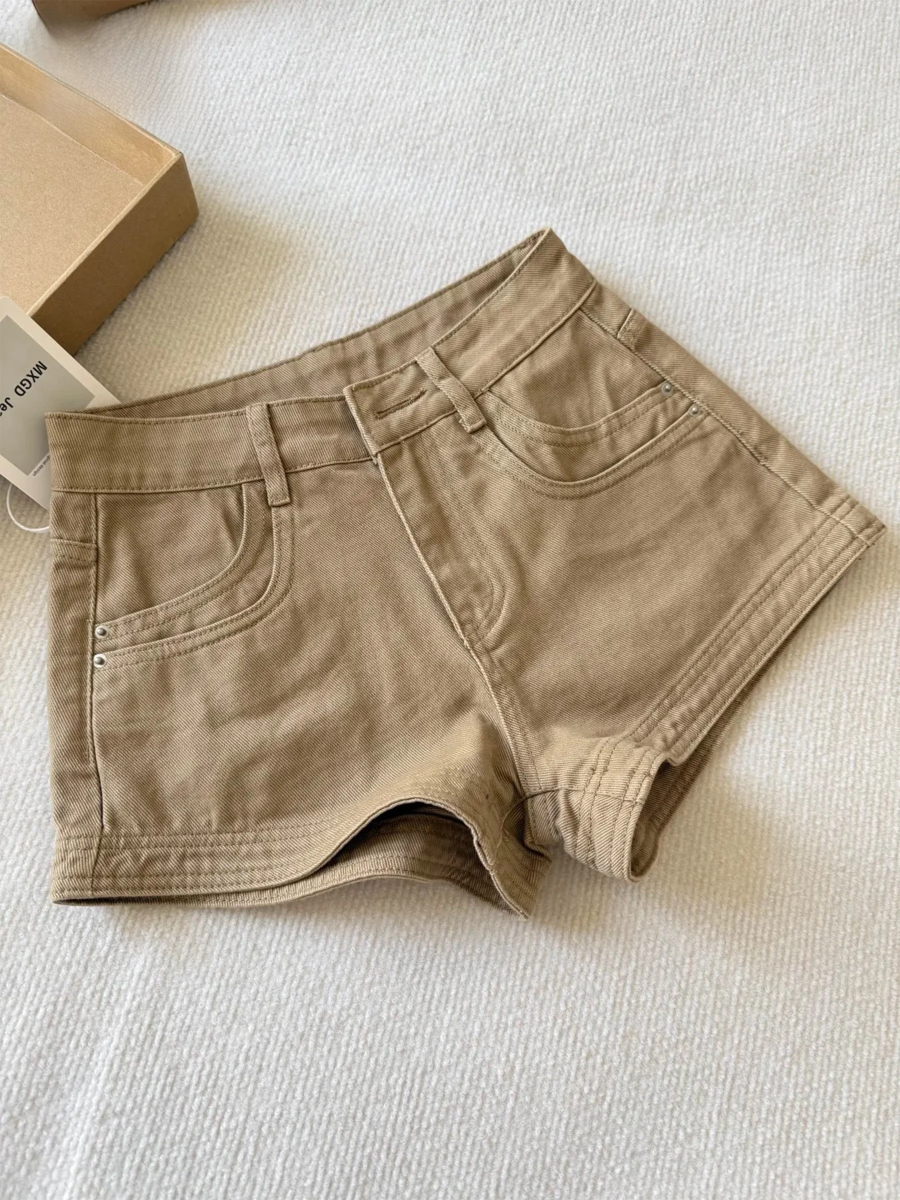

American Style Khaki Cuffed High Waist Denim Shorts Women's Summer Casual Spicy Straight Leg Pants Loose Fit Cotton Jeans