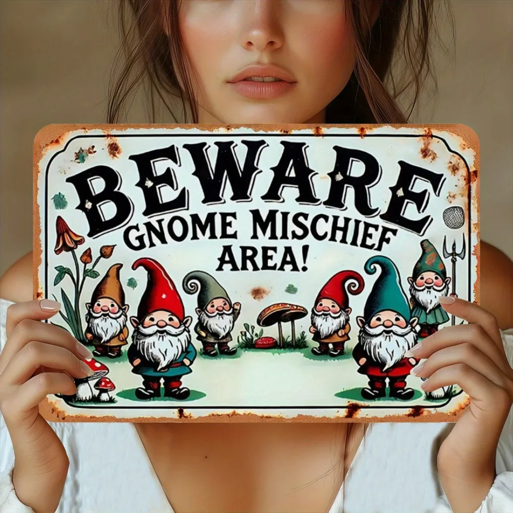 2D Flat Vintage Farmhouse Naughty Gnome Aluminum Sign 12x8 Inch Funny Gnome Illustration Garden Warning Decor Gift