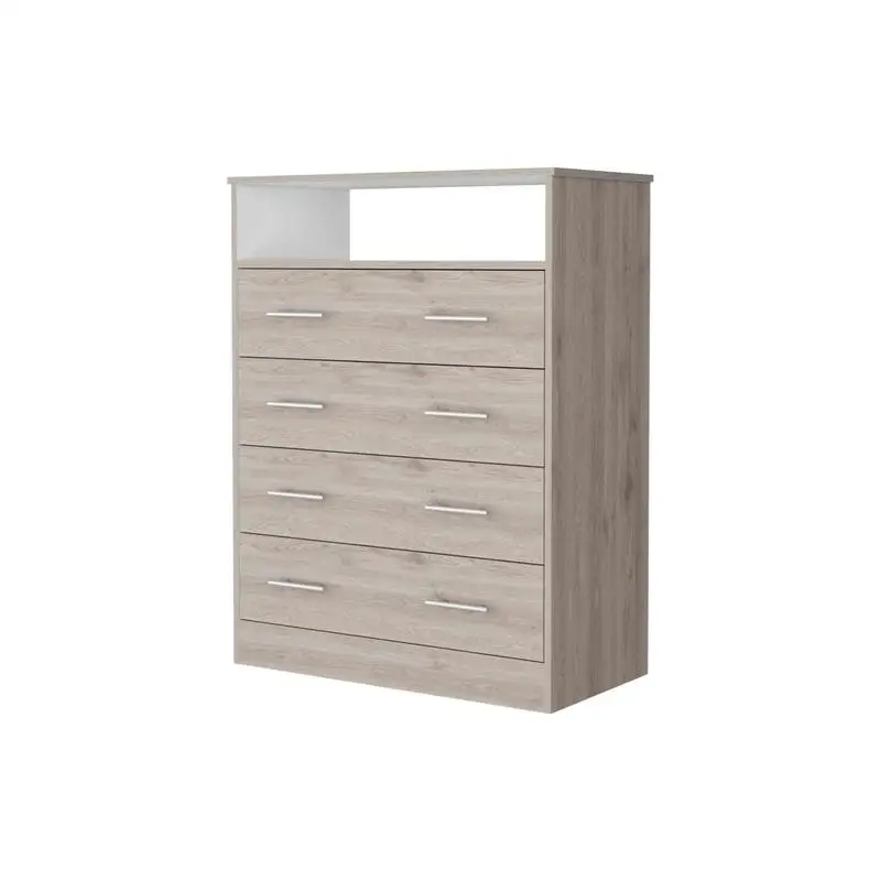 Commode à 4 tiroirs gris clair et blanc avec étagère et dessus supérieur