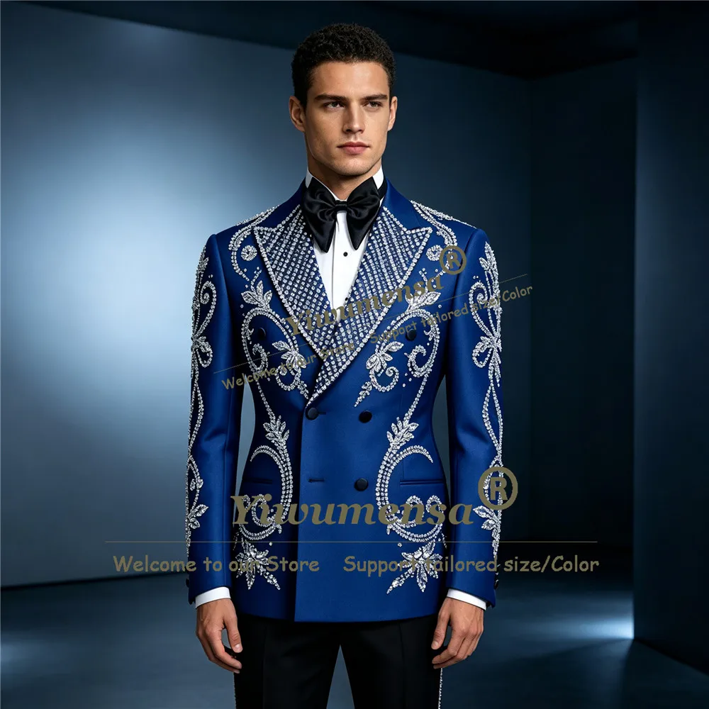 Exclusive Wedding Suits For Man Sparkly Crystals Pearls Jacket Pants 2 Piece Sets Groom Dinner Party Clothing Ternos masculinos