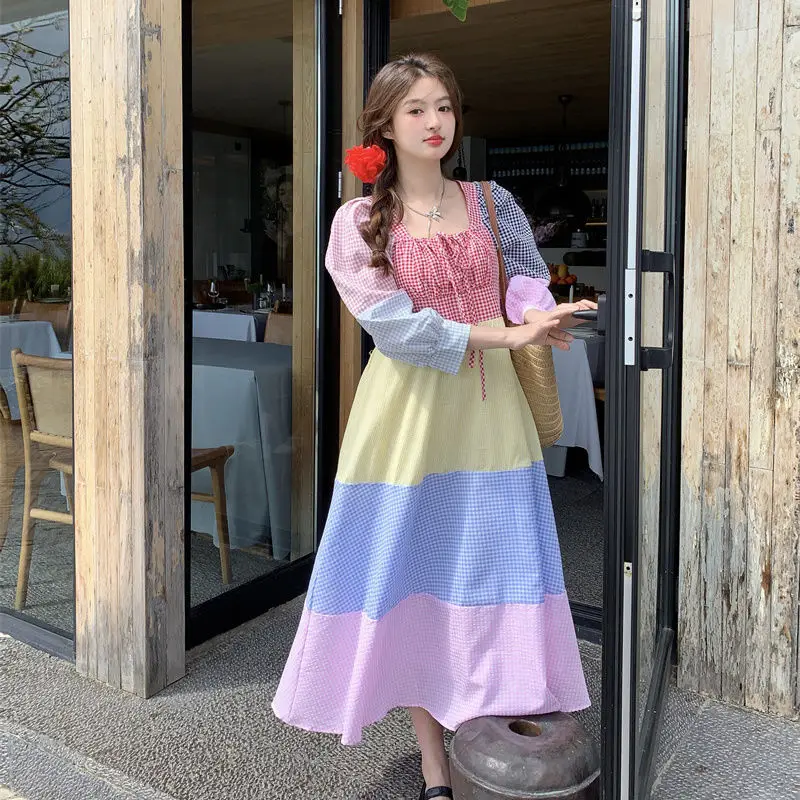 

Korean Dopamine Contrast Square Collar Checked Dress Women'S Print Dress Women'S Dress Ladies Off The Shoulder Dresses