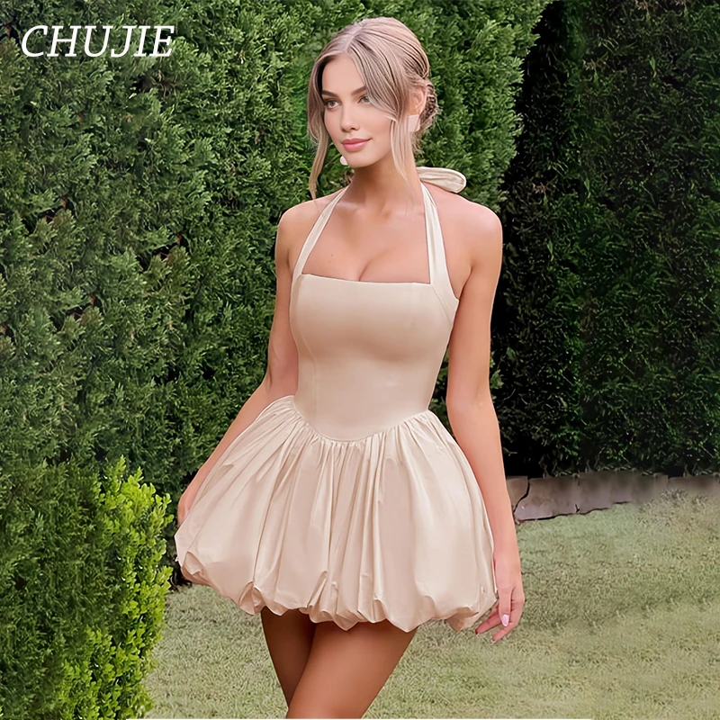 

Halter Bubble Mini Cocktail Dress Short Homecoming Dresses Tor Teens Square Smocked Club Party Gowns Customized Graduation Dress