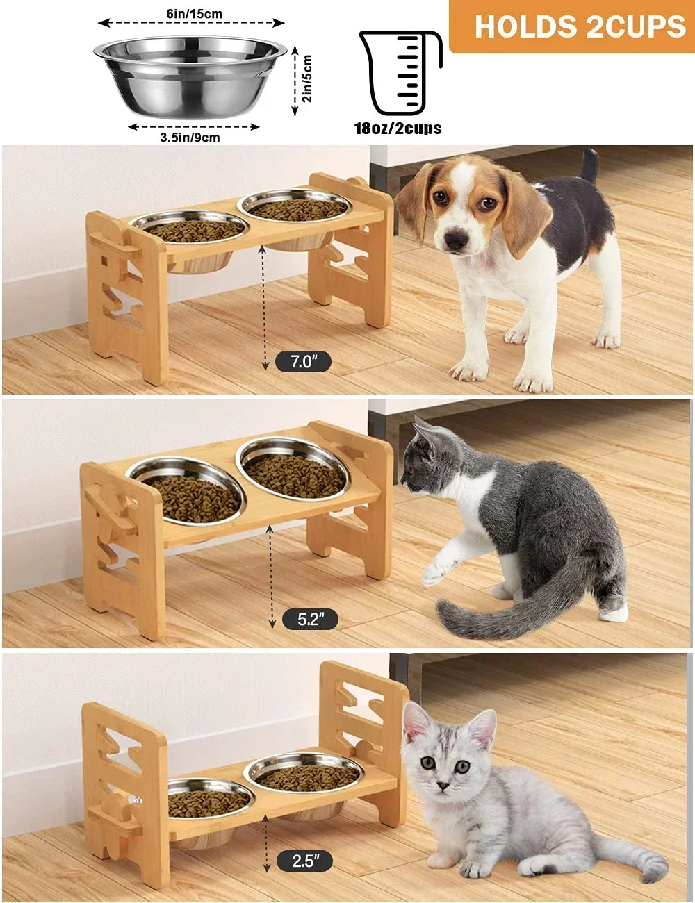 Elevated Stainless Dog Bowls with Bamboo Stand Tilted Adjustable Raised Puppy Cat Food Water Bowls Holder Pet Feeder Accessories