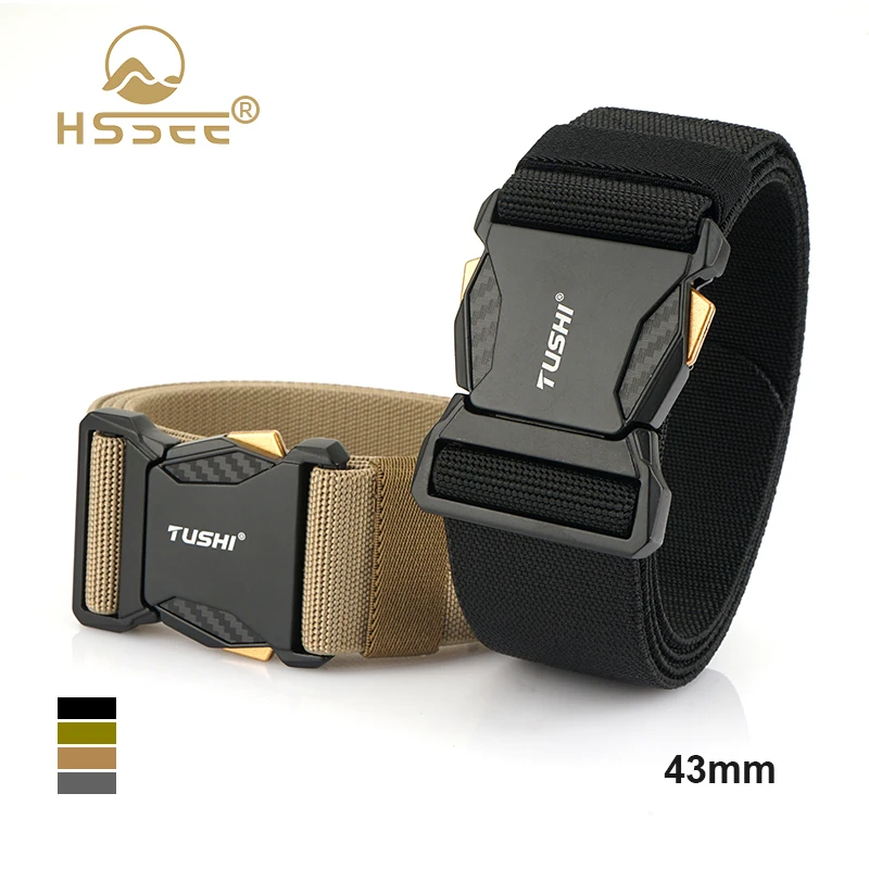 HSSEE New 43mm Wide Belt Zinc Alloy Buckle Quick-Release Military Tactical Belt Genuine Nylon Elastic Belt for Men Male Strap