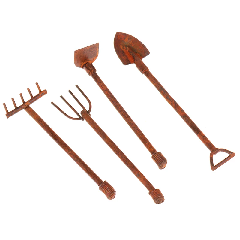 4Pcs 1:12 Dollhouse Miniature Gardening Tools Shovel Rake Hoes Model Farm Decor Toy Doll House Accessories
