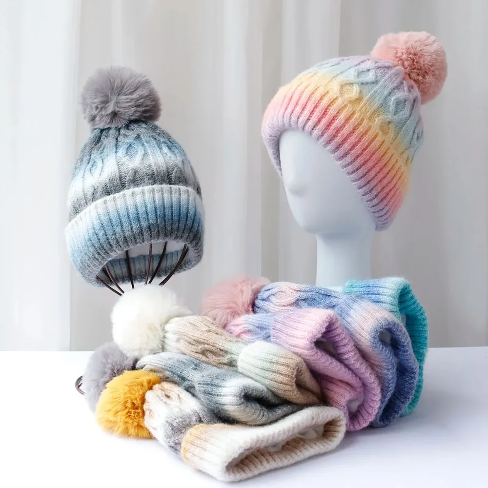 High Quality Thickened Beanie Hat with Faux Fur Pompon Ball Keep Warm Knitted Hat Gradient Striped Pattern Ear Protection Hat