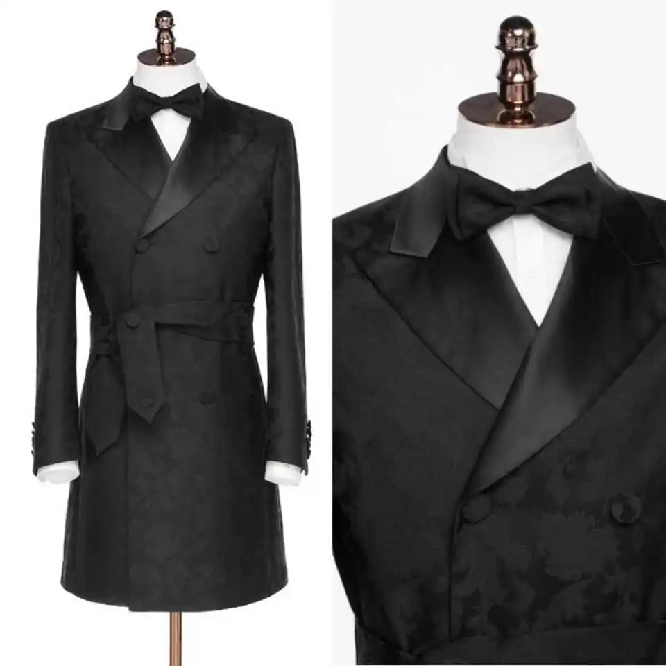 

Handsome Men's Peaked Lapel Double Breasted Jacquard Groom Wedding Tuxedos With Belted Formal Occasion Customized One Piece