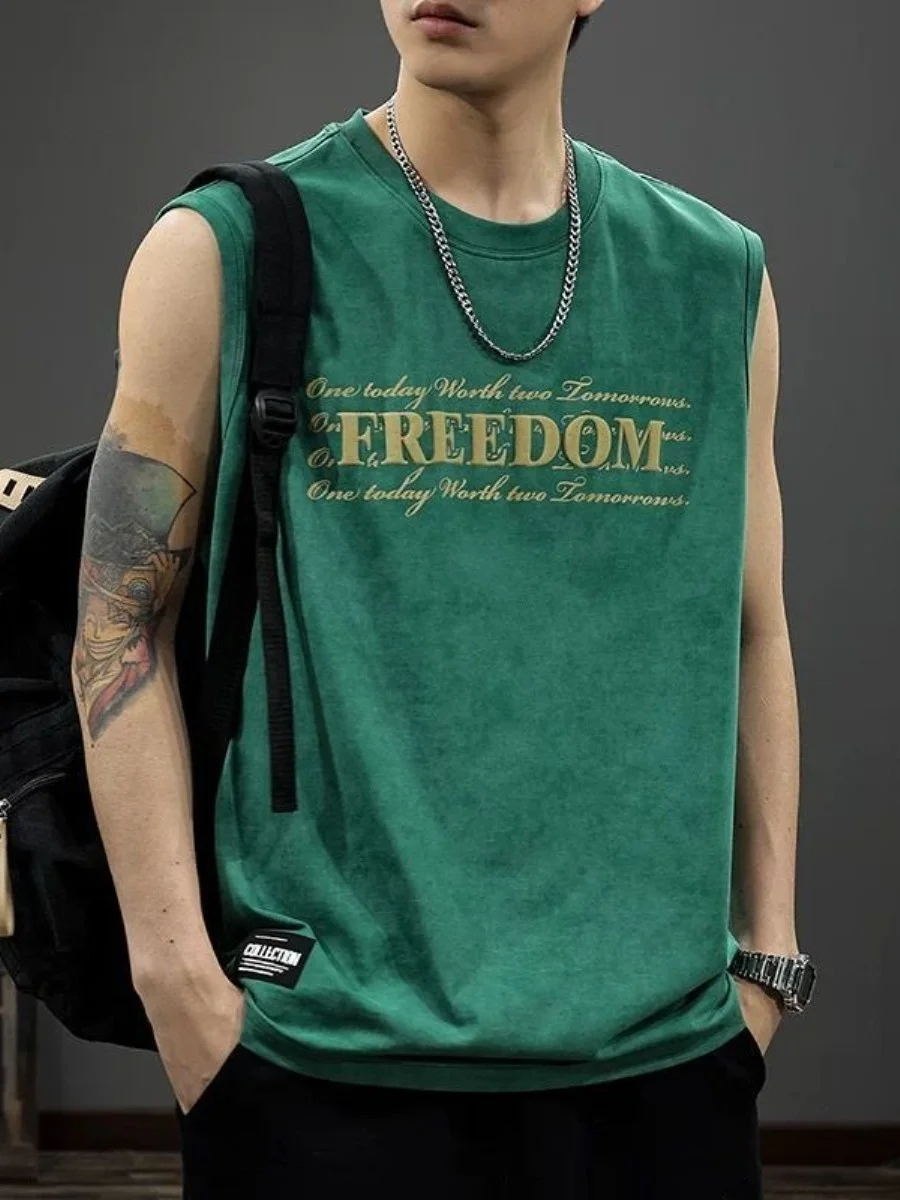 アメリカンレトロヘビーウェイトトレンドベストルーズメンズツーピースセットサマースポーツショルダートレーニングアッパーボディファッショナブル