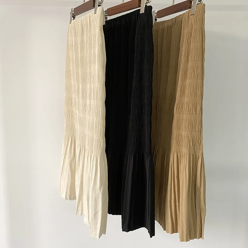 Withered Spring And Summer New Slim Fit High Waist Threaded Pleated Fish Tail Skirt With Pleated Elastic Waist Soft Half Skirt