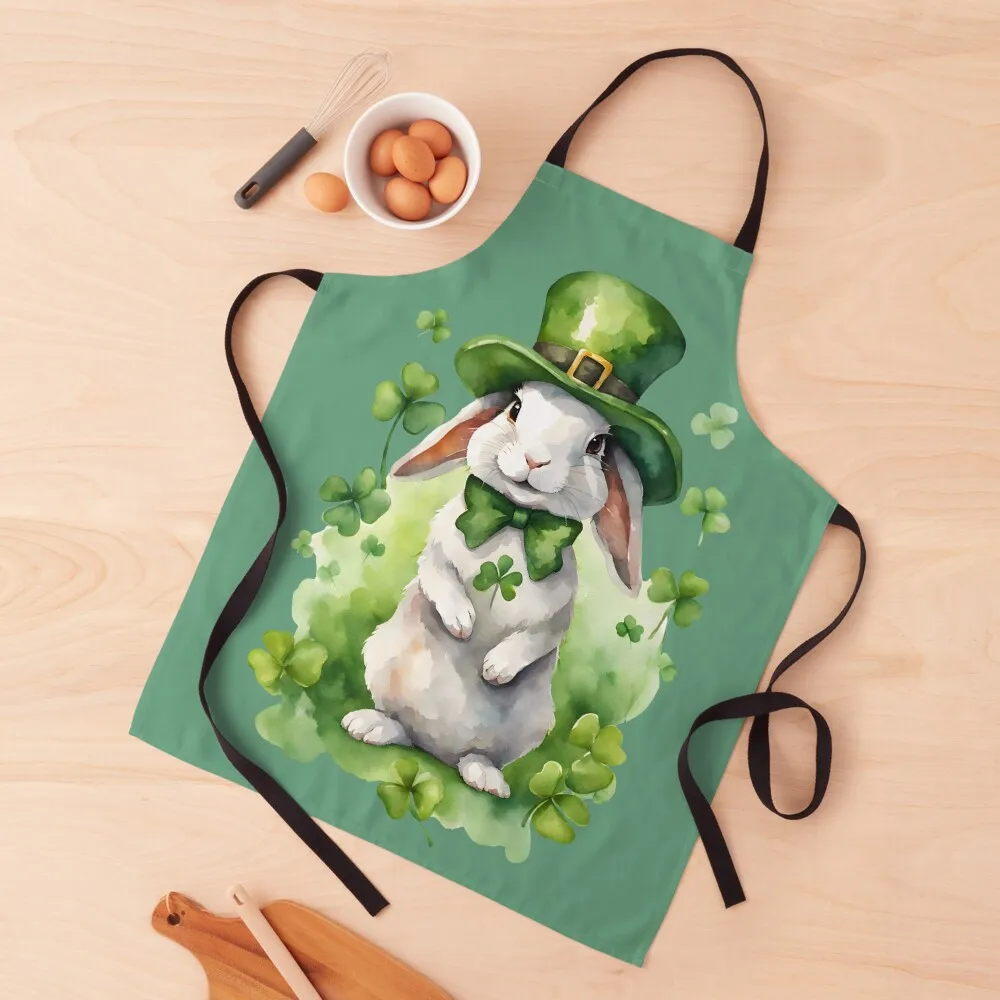 

St. Patrick's Bunny: Rabbit in Shamrocks Hat, watercolor style, animal lovers, bunny lovers Apron Costume Waiter Apron