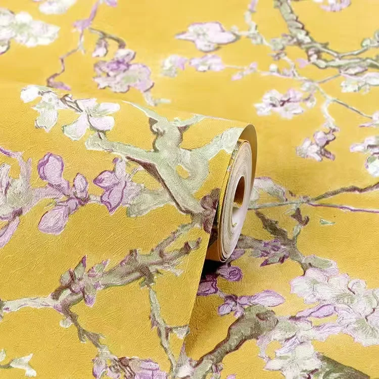 PVC Wallpaper Painting European Style Luxury Yellow Floral Wallpaper Living Room TV Sofa Hotel Background Flower Wall Art Mural