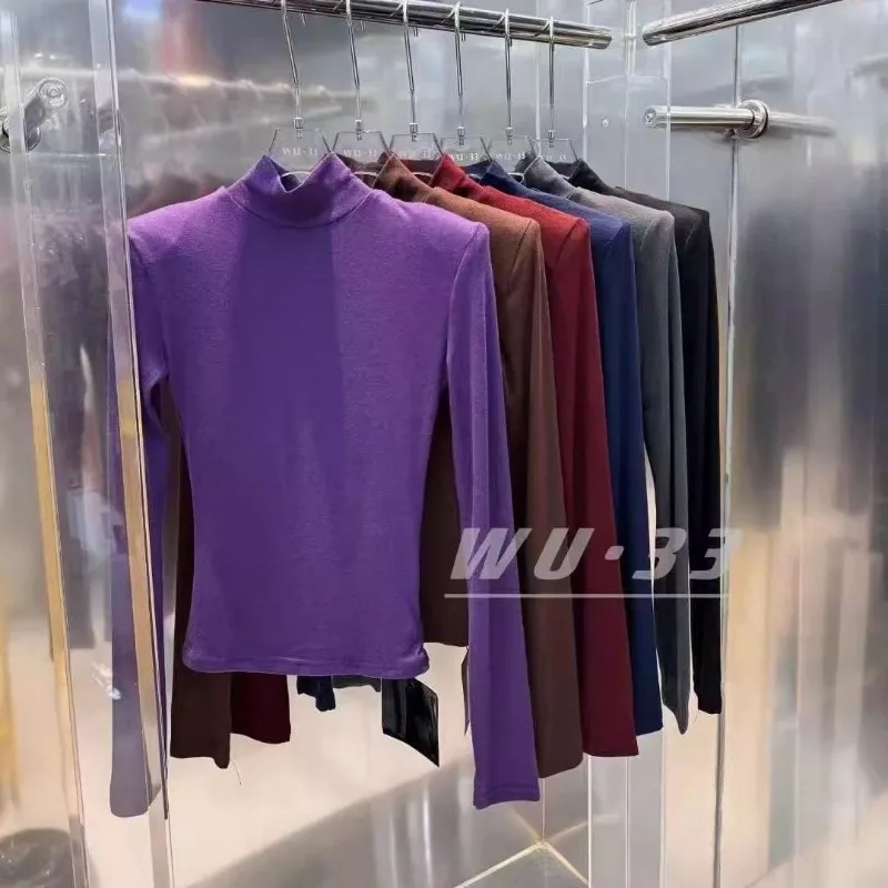 Women Autumn Winter Korean Half Turtleneck Base Shirt Padded Shoulder Slim Fleece Lined Long Sleeve Top