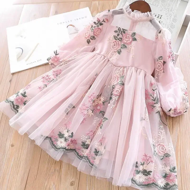 Girl's Autumn Pullover Lace Collar Spliced Zipper Flower Embroidered Bubble Sleeves Palace Style Long Sleeved Princess Dress