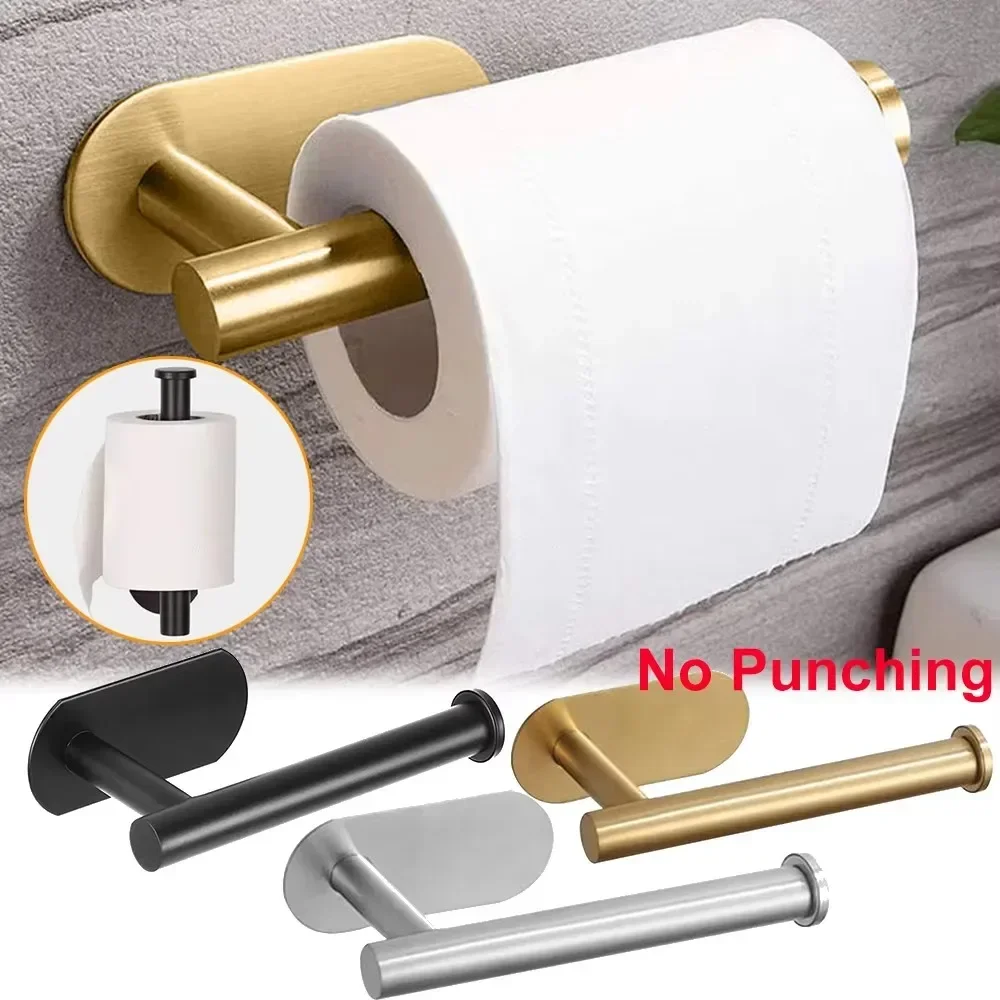 New Stainless Steel Adhesive Toilet Paper Holder Gold Wall Mount No Punching Tissue Towel Roll Dispenser Bathroom Paper Hook