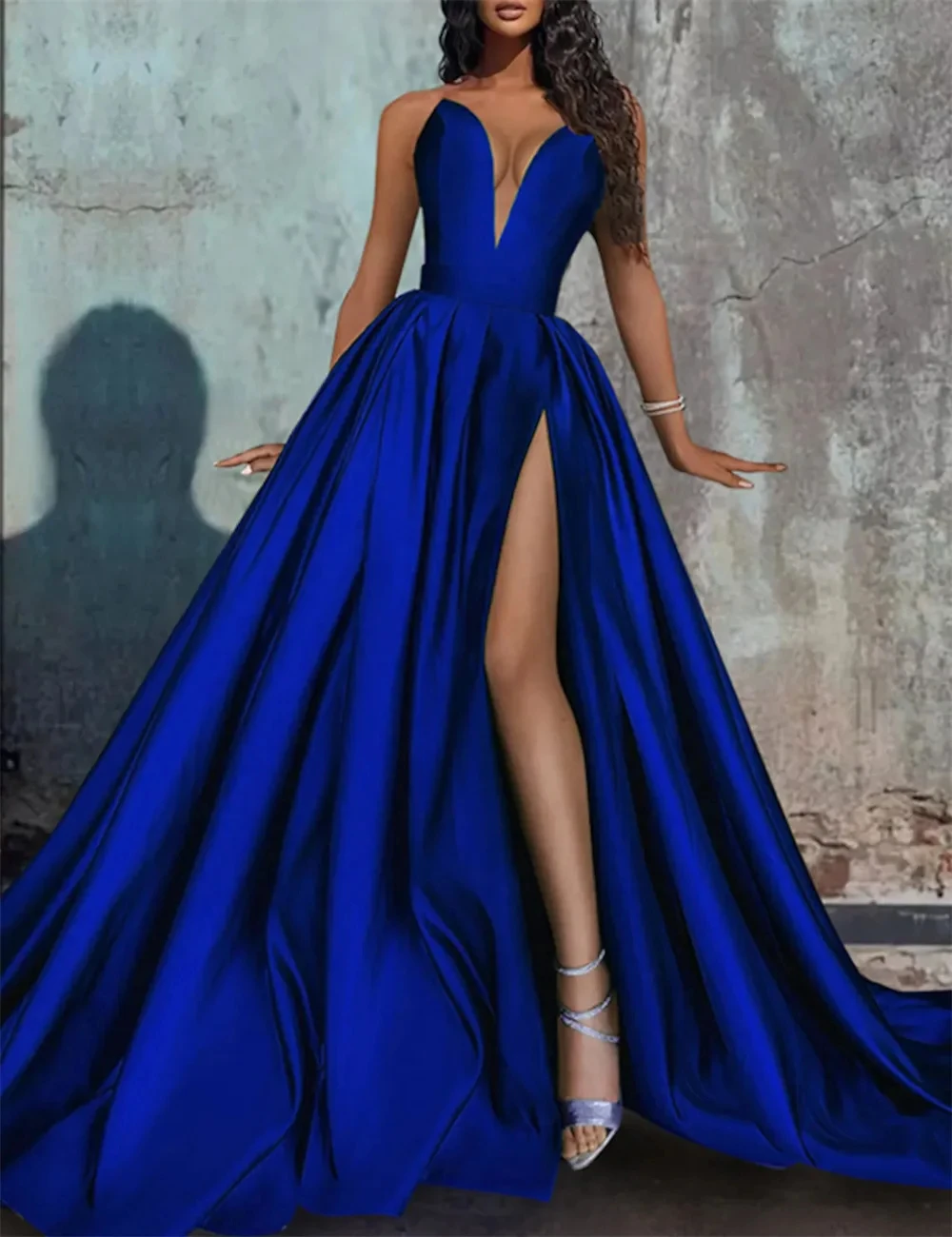 Sexy A-Line Evening Dresses Wedding Party Dress V-Neck Formal Occasion Court Train Sleeveless Strapless Satin with Pleats Slit