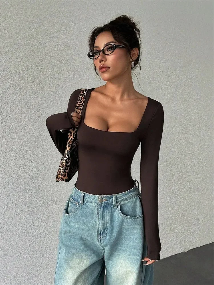بلوزة أساسية برقبة مربعة وأكمام طويلة للنساء لخريف وشتاء مثيرة بقصة ضيقة بلون واحد ملابس خروج Y2K