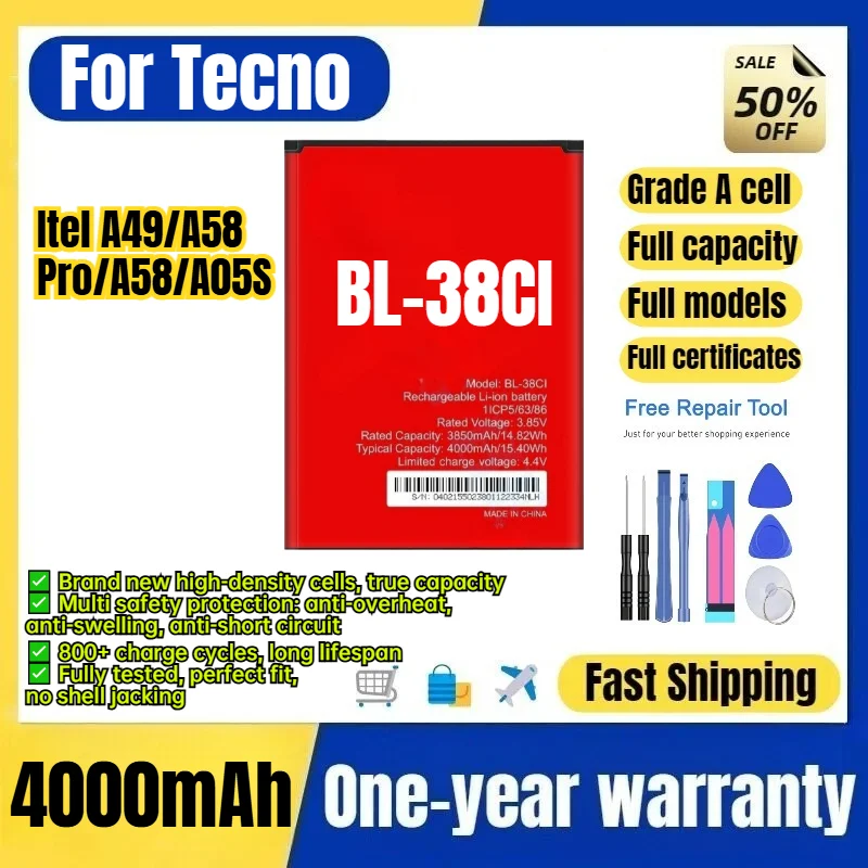 BL-38CI for Tecno Itel A49/A58 Pro/A58/A05S Phone Battery 0 Cycle High Capacity Battery Replacement Bateria Grade A Cell  Tools