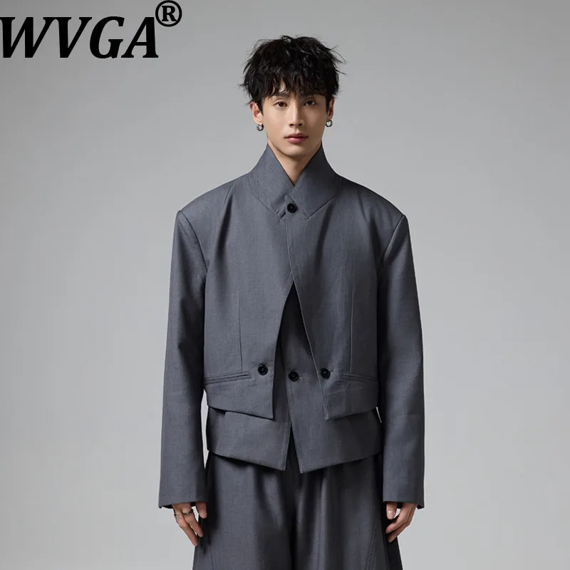 WVGA Spring Autumn New Men Fake Two-Piece Trendy Short Blazer Padded Shoulder Niche Chic Casual Turn-Down Collar Coat Ins W26533