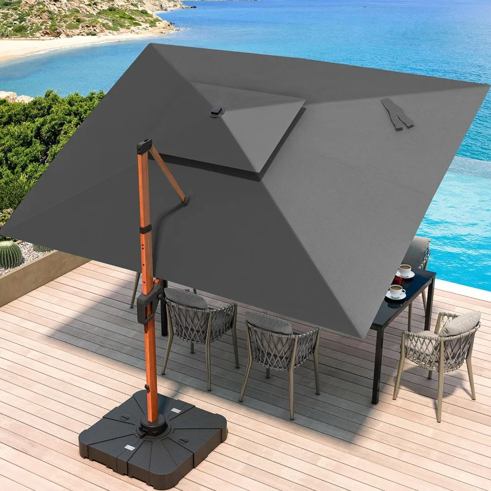 JZAC & QZYD 10 x 13 Fuß freitragender Terrassenschirm für den Außenbereich, großer, doppelter Oberseite, Deluxe-Holzmaserung, robuster, rechteckiger, versetzter Regenschirm