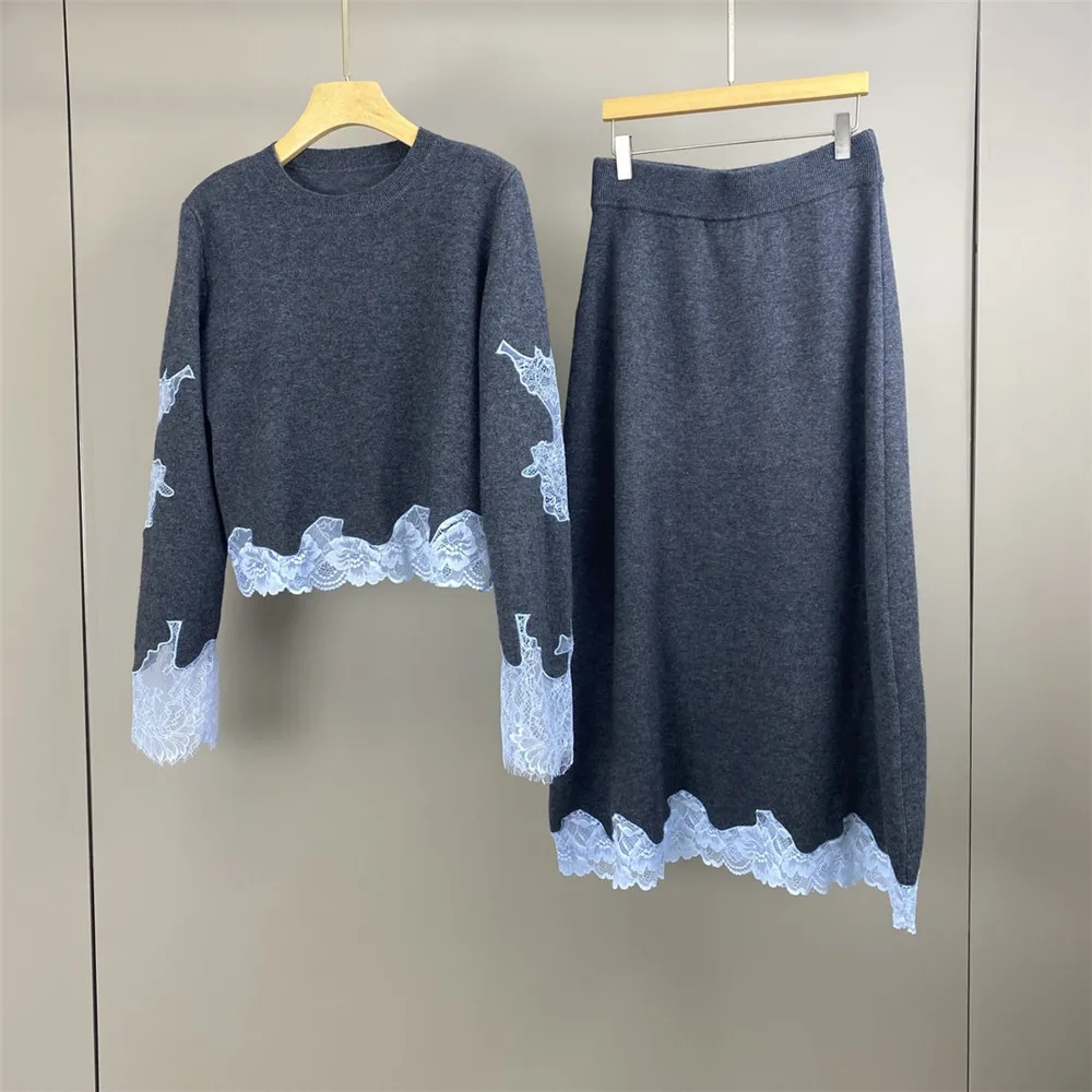 Rundhalsausschnitt, Spitze, Patchwork, langärmelig, locker sitzender Pullover, elastischer Taillenrock, Woll-Kaschmir-Mischung, Herbst, neuer Damenanzug